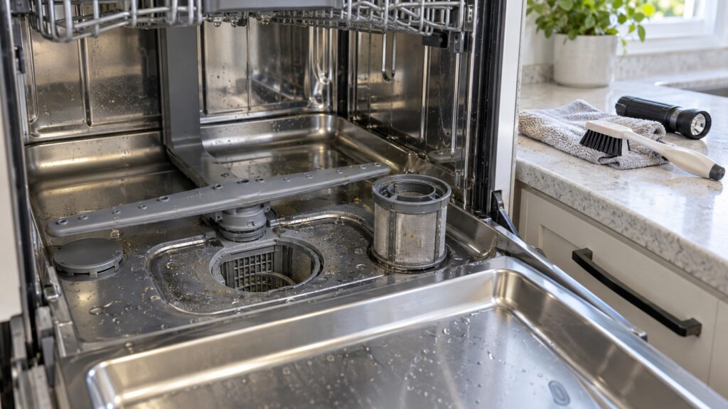 Close-up of the open lower basin of a stainless dishwasher with the filter and spray arm mid-clean, with a cloth and a brush on the counter beside it, seen at eye level from the side, with a flashlight lying on the counter.