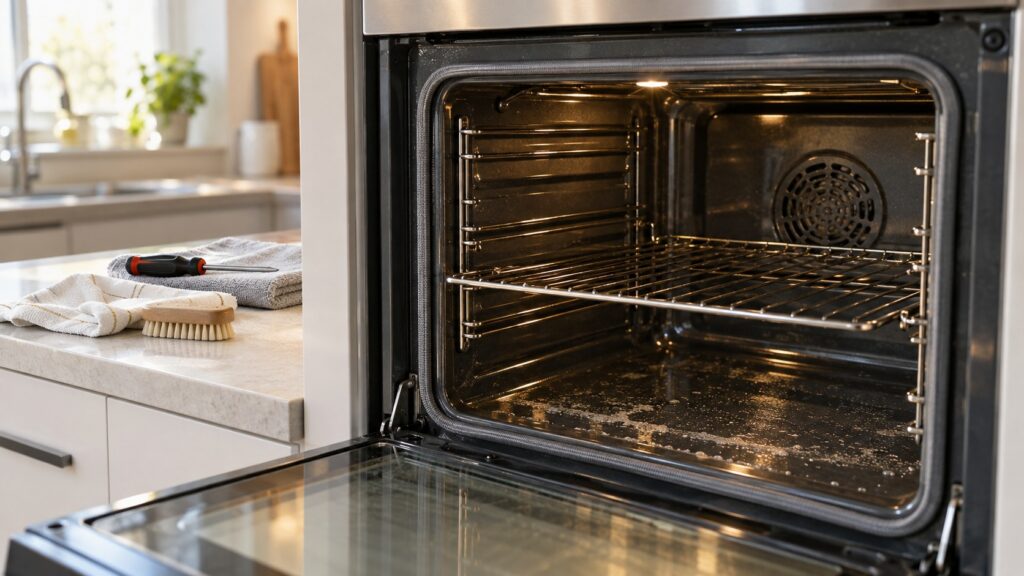 Close-up of the open cavity of a built-in oven with the racks and door seal mid-clean, with a cloth and a brush on the counter beside it, seen at eye level from the side, with a screwdriver resting on a towel.