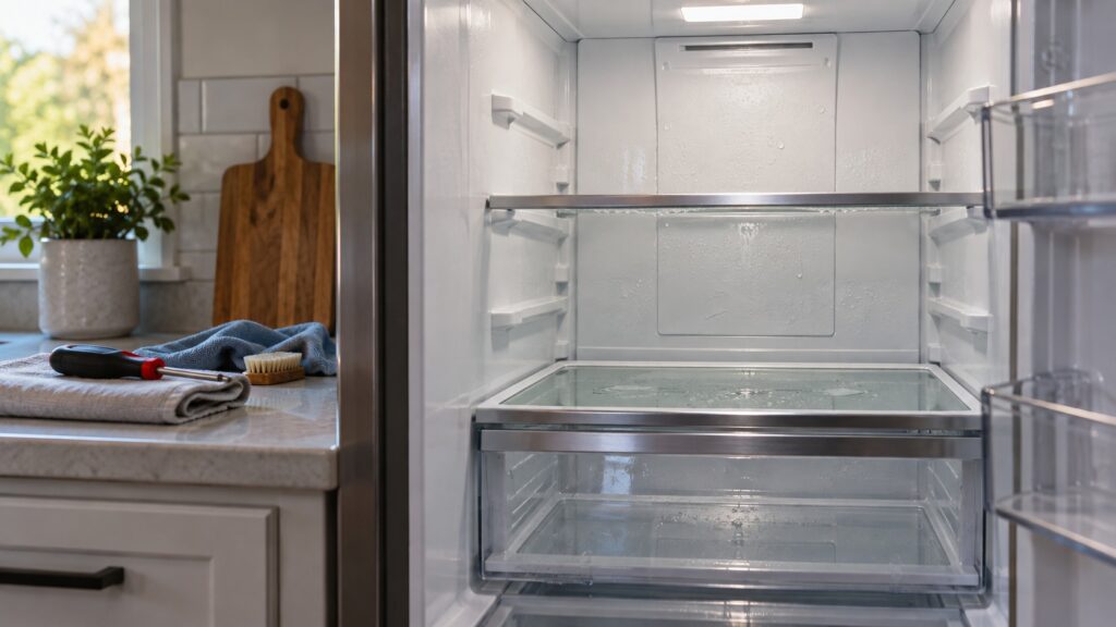 Close-up of the interior back wall and shelves of a built-in refrigerator mid-clean, with a cloth and a brush on the counter beside it, seen at eye level from the side, with a screwdriver resting on a towel.