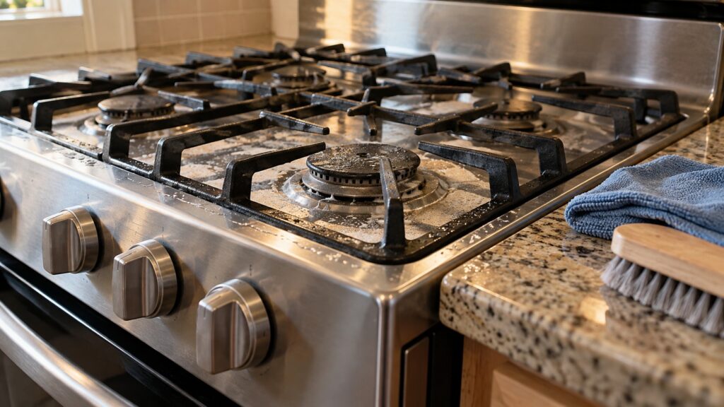 Close-up of the burners and control knobs of a freestanding kitchen range mid-clean, with a cloth and a brush on the counter beside it, seen at eye level from the side, with nothing else in the frame.