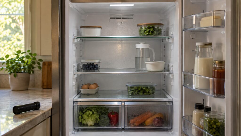 Close-up of the interior back wall and shelves of a built-in refrigerator with the door open, seen straight on from the front, with a flashlight lying on the counter.