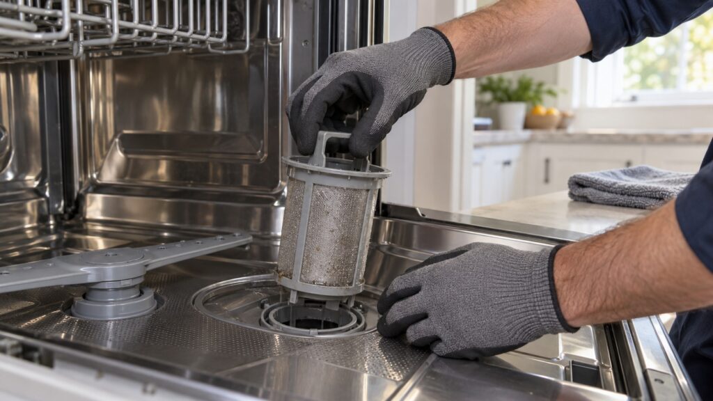 Close-up of the open lower basin of a stainless dishwasher with the filter and spray arm with a service technician's gloved hands lifting out the filter, seen at eye level from the side, with a folded microfibre cloth on the counter nearby.