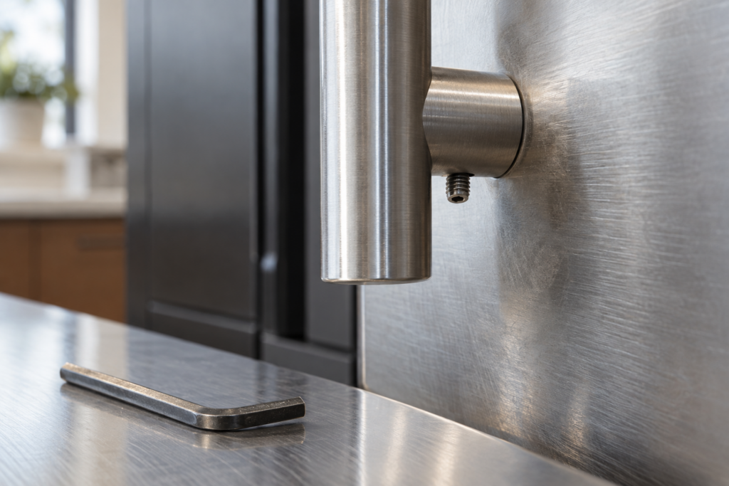 A macro of the handle standoff on a built-in refrigerator door panel, the hex set screw backed halfway out of its socket with a hex key beside it.