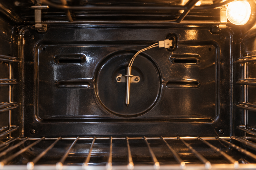 Close-up inside an open oven cavity of a temperature sensor mounted on the rear interior wall with its wiring connector visible.