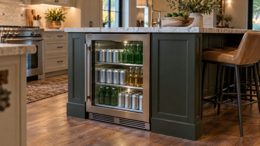 An undercounter glass-fronted beverage refrigerator is built into a stone-topped kitchen island, cans and bottles standing on its shelves behind the glass.