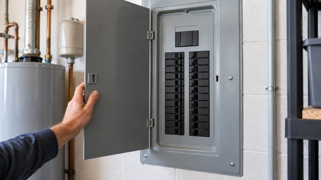 An open residential electrical panel on a utility room wall shows rows of breakers, with a hand resting on the panel door.