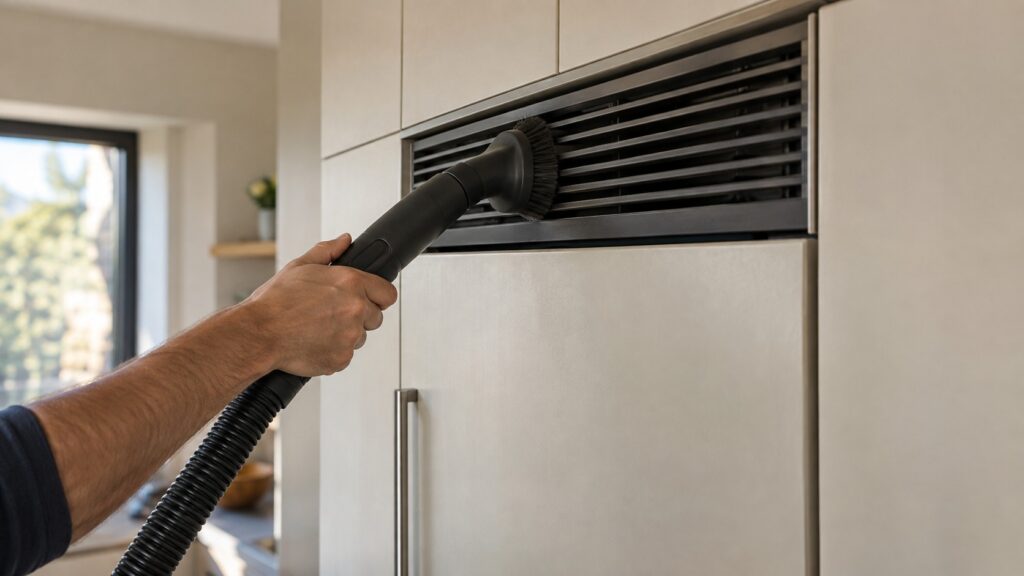 A hand with a vacuum brush cleans the dark ventilation grille at the top of a tall built-in refrigerator column set flush into pale cabinetry.
