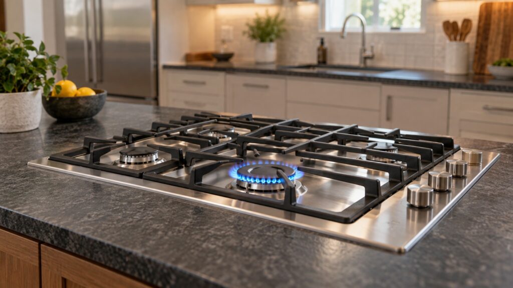 A wide stainless steel gas cooktop with heavy cast iron grates is set into a dark stone countertop, one burner lit with a clean blue flame.
