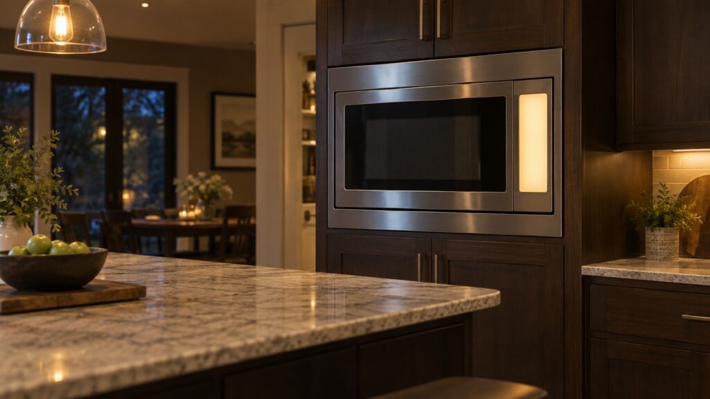 A stainless steel built-in microwave is set into a dark wood cabinet column in a large kitchen, its control panel lit and the door closed.
