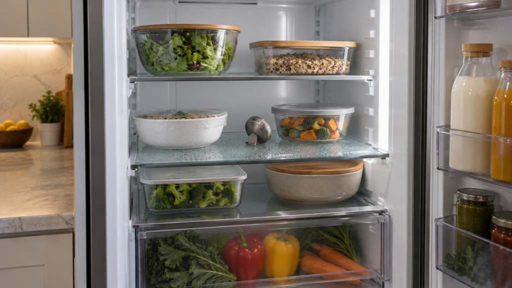The fresh food compartment of a built-in refrigerator stands open with a plain dial thermometer lying on a glass shelf among covered dishes.
