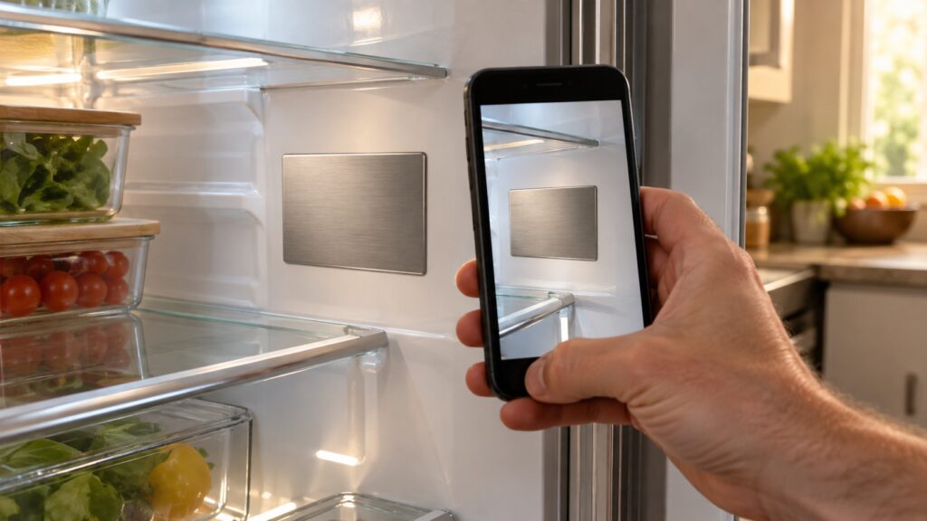 A hand holds a smartphone photographing a blank metal rating plate on the inner wall of an open refrigerator compartment, lit glass shelves around it.