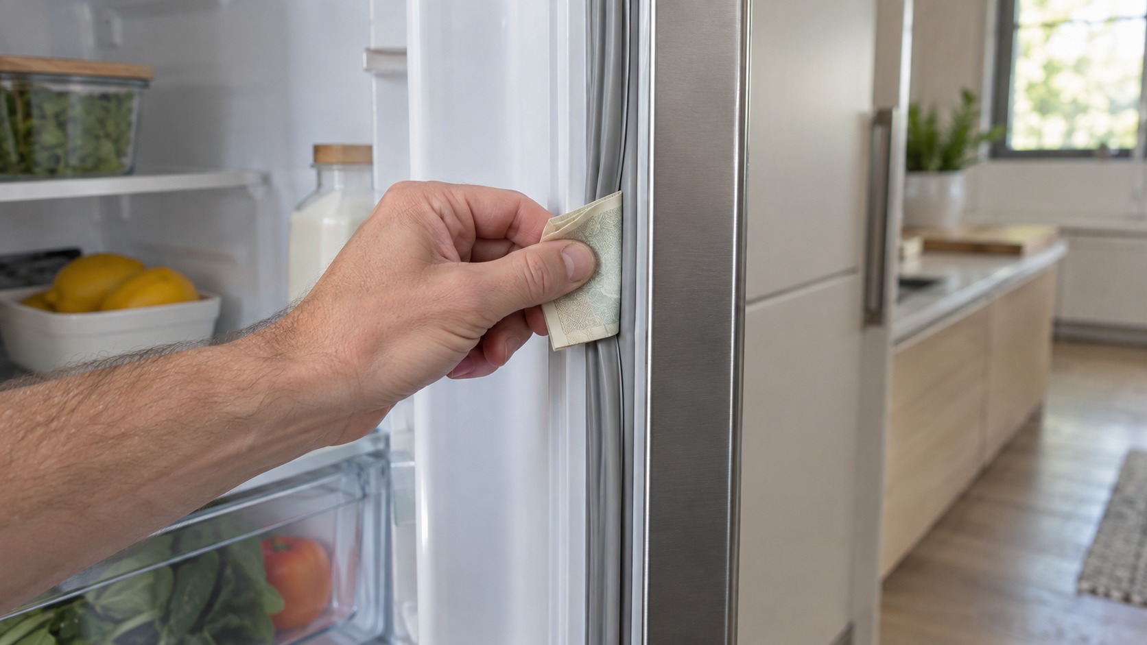 Close-up of the door gasket of a built-in column refrigerator with a hand pressing a folded banknote against the seal to test its grip.