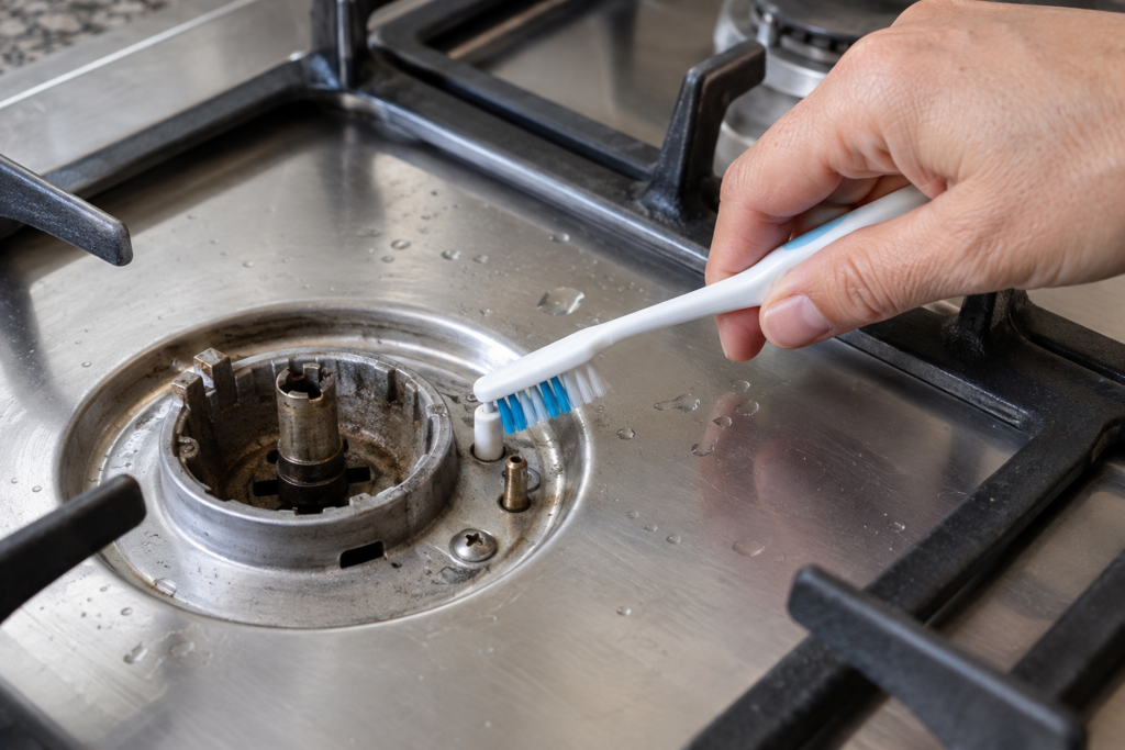 A gas burner base with the cap removed and a hand holding a soft toothbrush against the white ceramic igniter electrode, a few water droplets on the metal beside it, soft side light.
