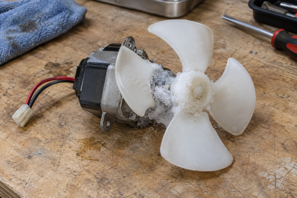 A small evaporator fan motor with a plastic blade lying on a workbench, a clump of ice and frost around the blade hub, even overhead light.