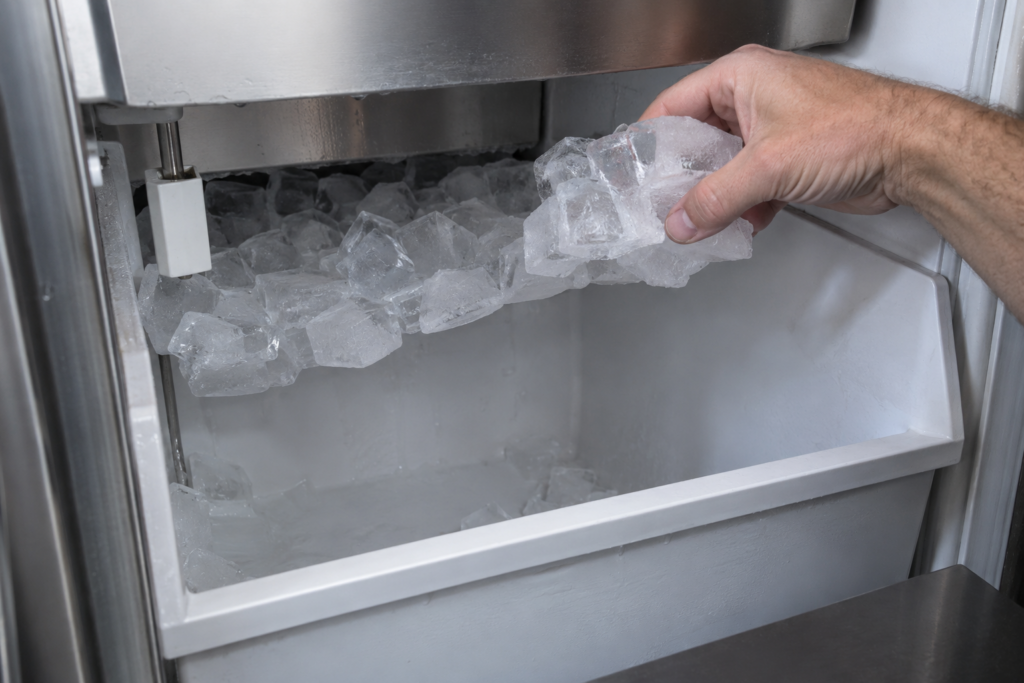 The storage bin of a built-in ice maker with a solid bridge of fused ice cubes spanning it at sensor height, a hand lifting one end of the clump, empty space visible below the bridge, cool side light.