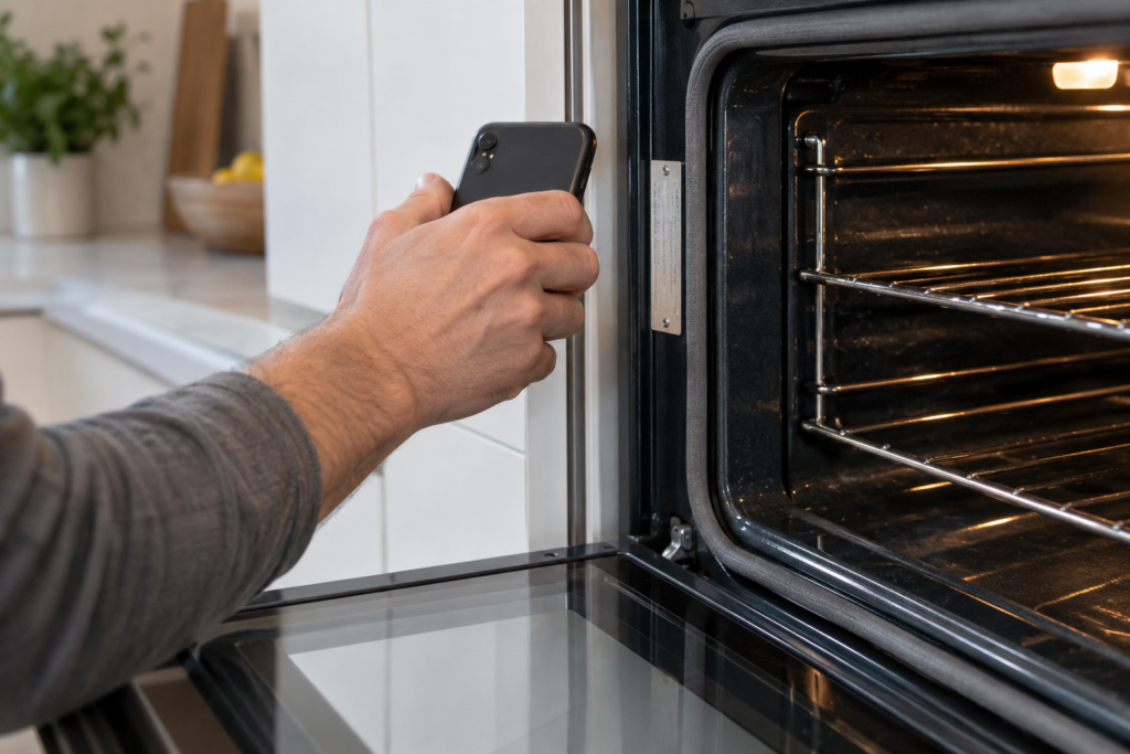 A hand holding a smartphone toward the open frame of a built-in wall oven opening to photograph a small metal data plate, the phone screen turned away from the camera and the plate text out of focus.